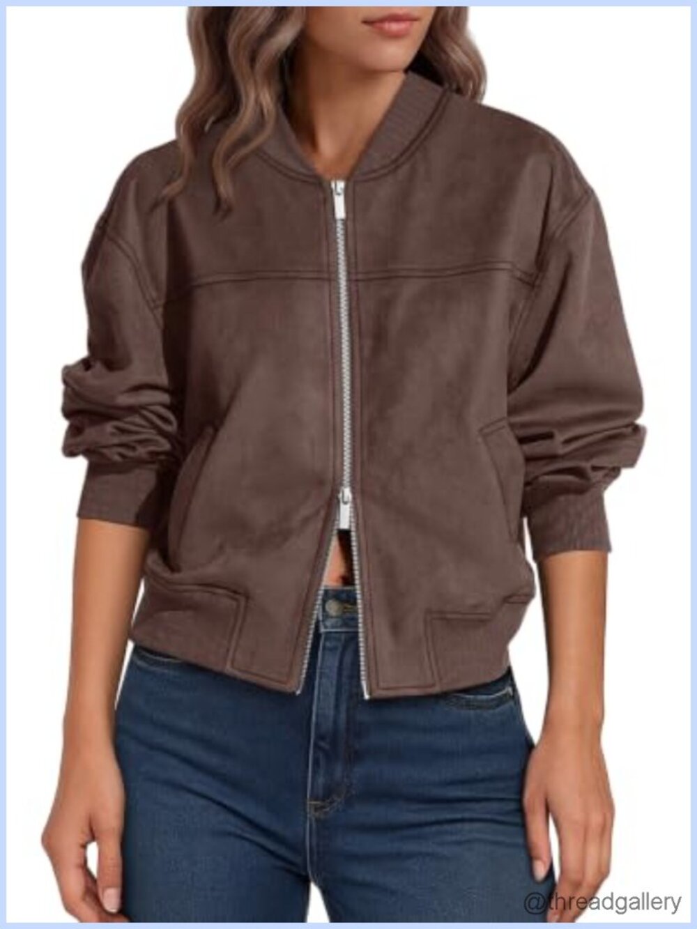 Faux Suede Cropped Bomber Jacket Women's Zip Up Casual Fall Coat